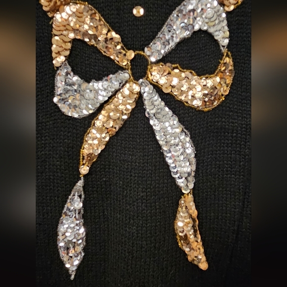 Gold Silver Sequin Bow Embroidery knit ramie cotton black sweater size M - Picture 3 of 14